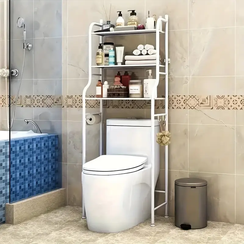 space saving 3 tier bathroom organizer with toilet rack washing machine stand black   mount   hanging rod for laundry and restroom storage details 7