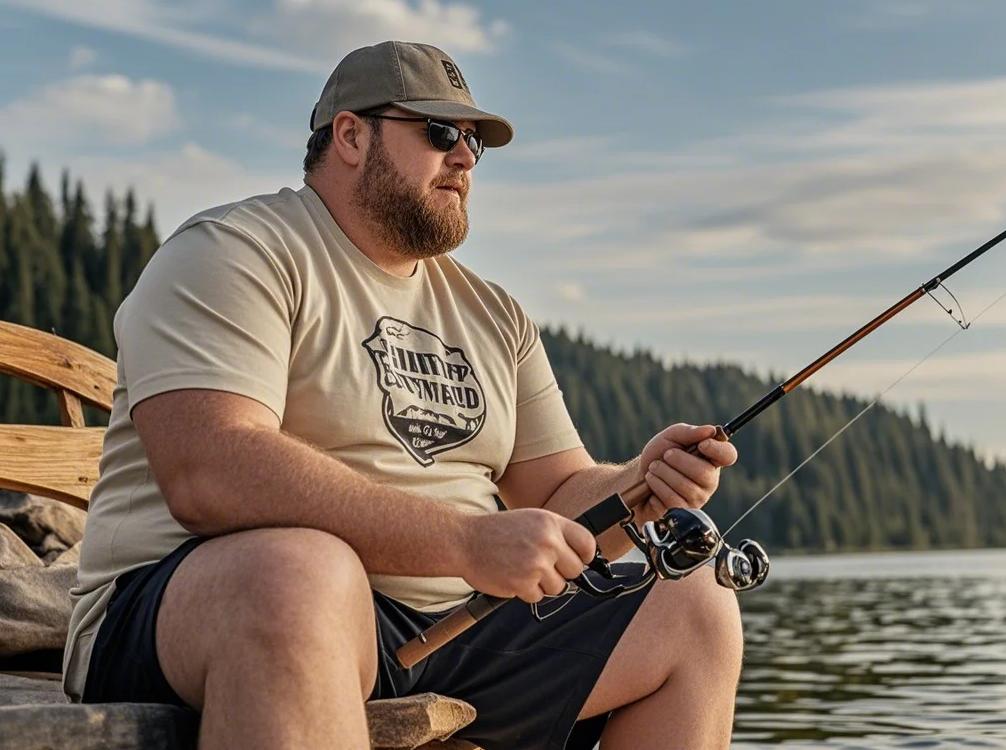 A big and tall man in a 2-piece set fishing.