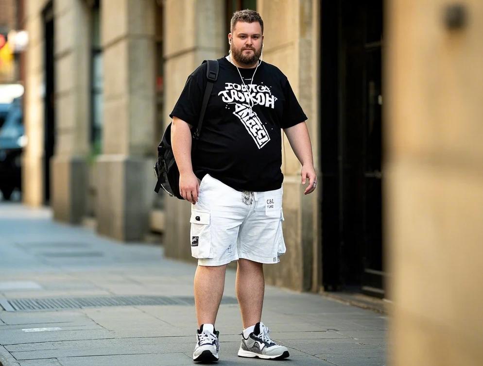A big man wearing stylish short sets
