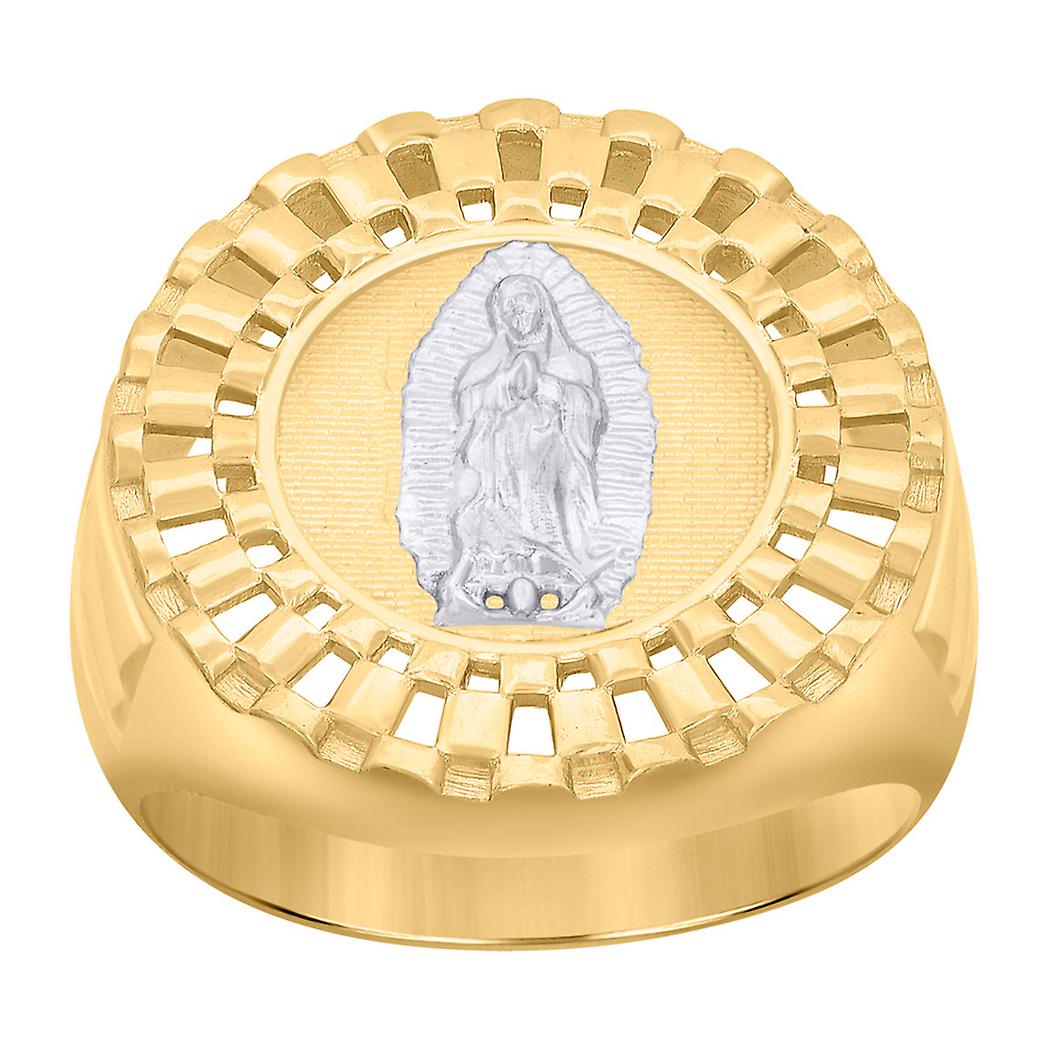 L'anello religioso da uomo Guadalupe in oro bicolore da 10 carati misura 21,3 mm di larghezza. Gioielli regalo per uomo