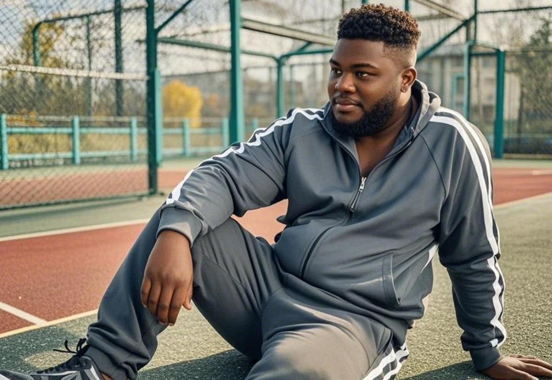 A big man in a big and tall jogging suit has a rest.