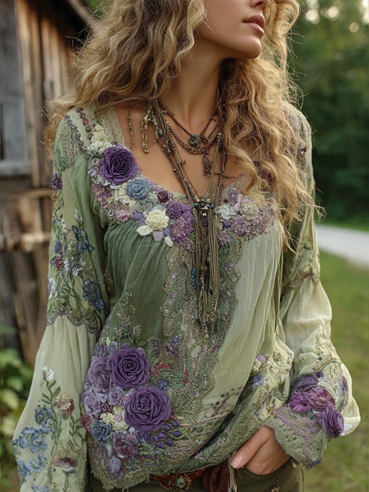 Vintage Purple Lavender And Floral Embroidered Linen Long Sleeve Shirt