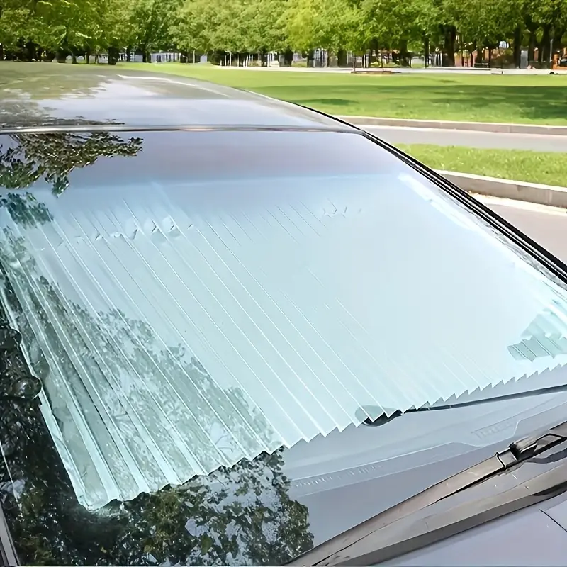 1pc automatic retractable folding sunshade uv resistant heat insulating aluminum material   on installation blackout curtain for front window car sunshade windshield foldable details 2