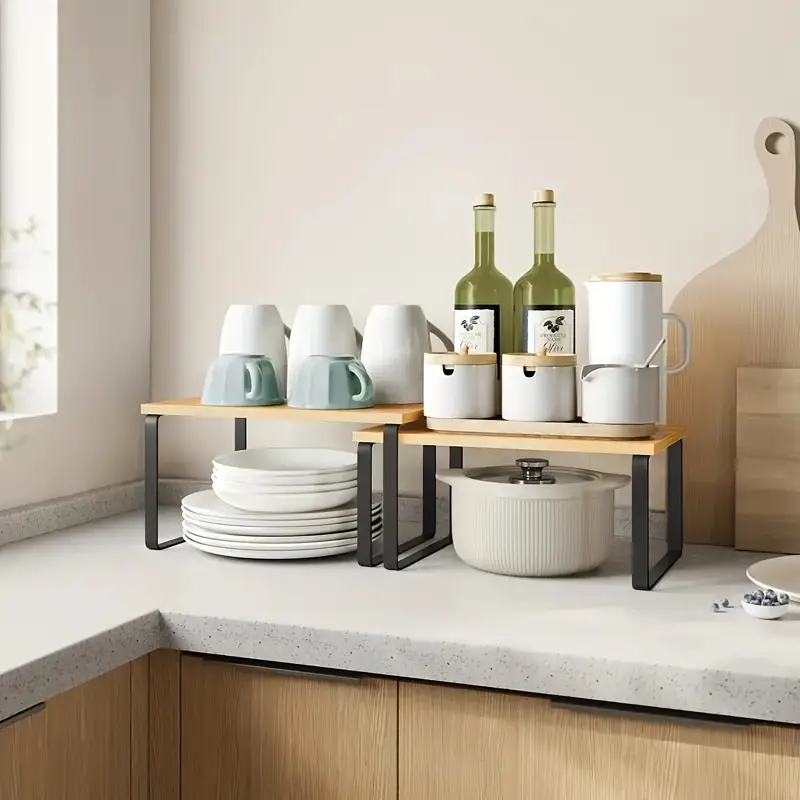 ldq 2 pack stackable cabinet organizer expandable kitchen countertop shelf spice rack storage for dining indoor use solid wood metal construction details 4