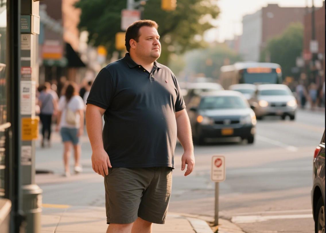 A big and tall man standing in a tee and shorts