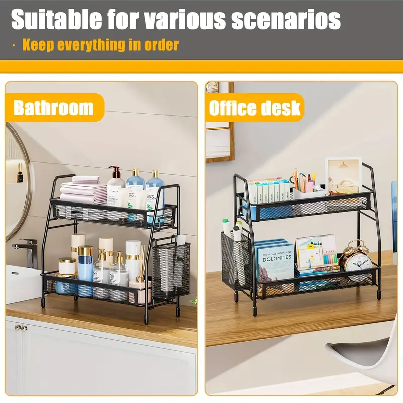 stainless steel kitchen countertop organizer with side basket metal spice rack storage shelf for cosmetics and accessories details 6