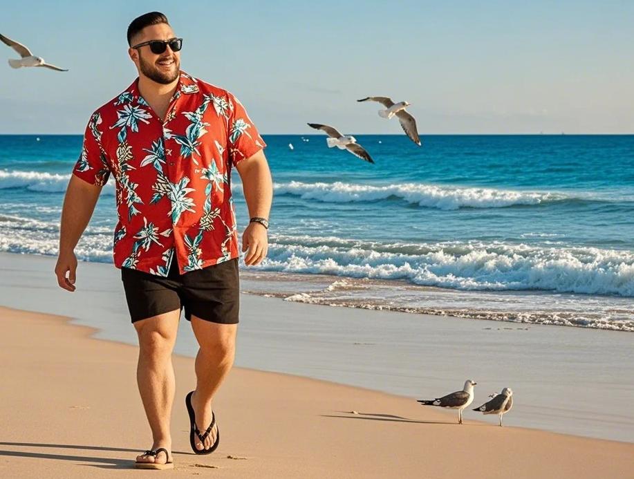 A big man playing on the beach in big and tall Hawaiian shirts