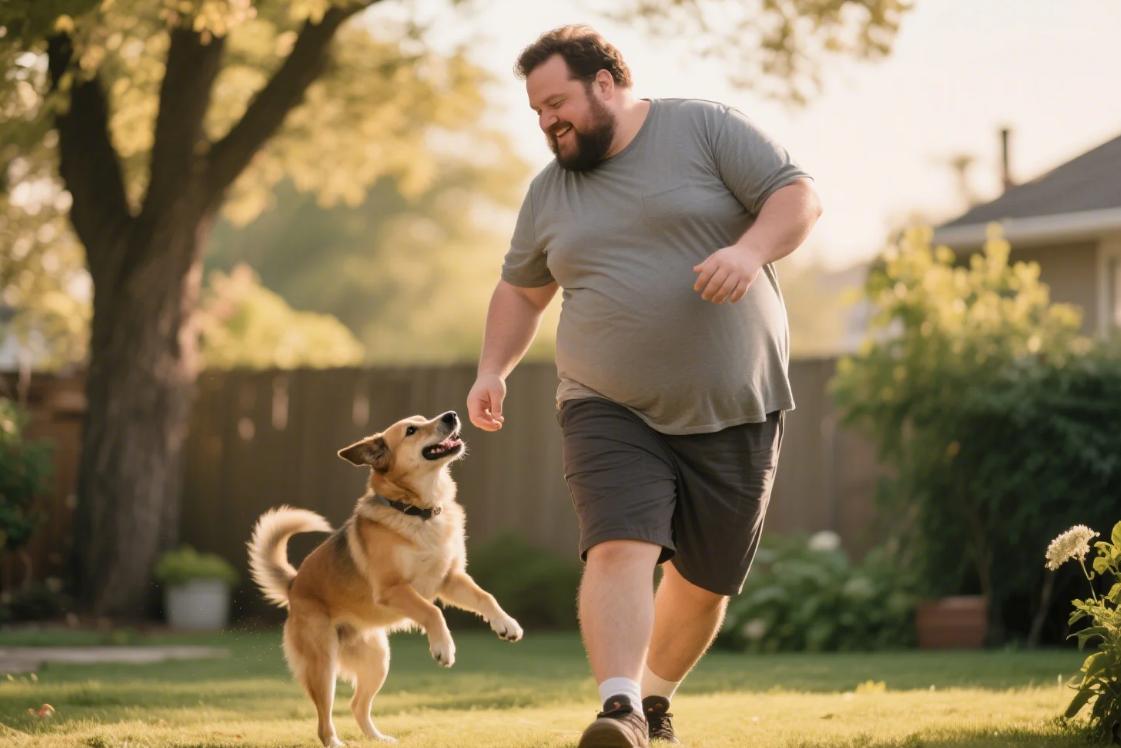 A man playing with the dog in his big and tall shorts
