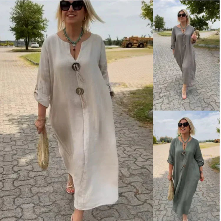 🎁👗Cotton and linen dress with a V-neck