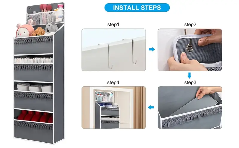 6 shelf over the door organizer with 8 large pockets anti tilt hanging storage for pantry nursery bathroom bedroom kitchen dorm camper gray polyester multi room organizer kitchen organizers and storage details 7