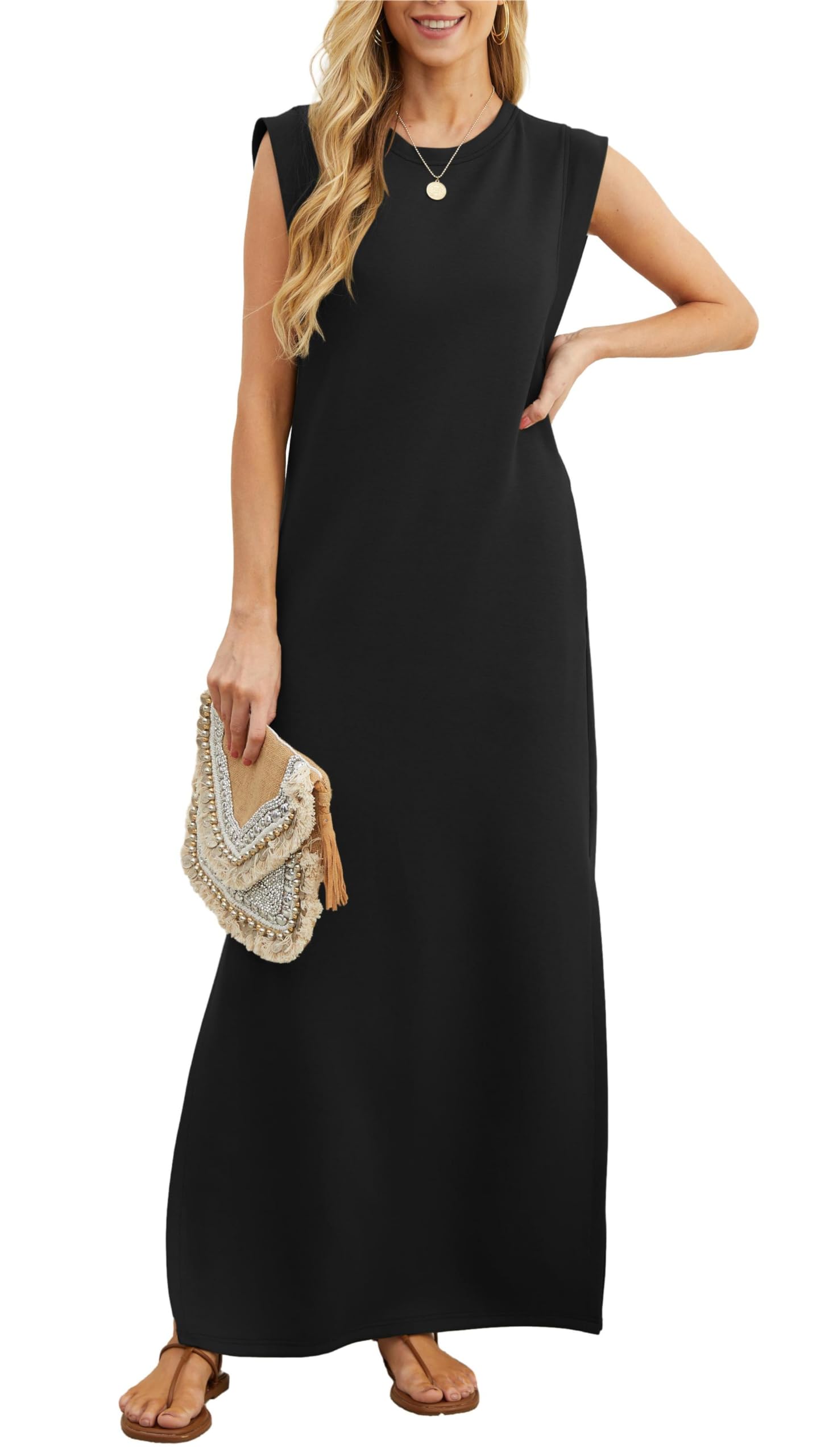 Women's loose maxi dress with slit and no pleats