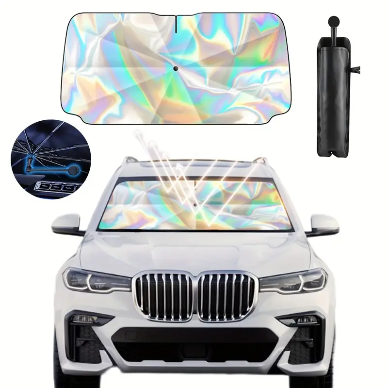 2024 windshield sun shade iridescent foldable car umbrella with 360 rotating shaft   front windshield protector for sedans suvs wagons pickups   uv sun blocker details 1