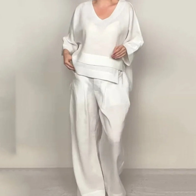 Two-piece set with irregular hem, short sleeves made of cotton and linen