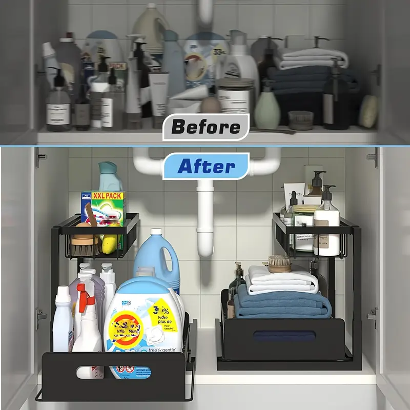 2 tier under sink organizers and storage under sink organizer slide out pull out cabinet organizer shelf metal sliding drawer for kitchen bathroom pantry cabinet closet organization rack details 3