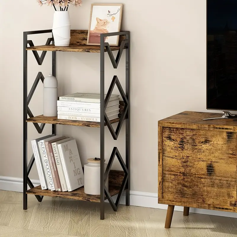 modern minimalist 3 tier black metal bookshelf with wood accents space saving design for office living room bedroom holds books plants and decor sturdy support easy assembly bookshelf decorations standing shelf details 5