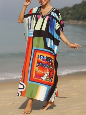 Image of Split-Side Split-Joint Printed Loose Batwing Sleeves V-Neck Maxi Dresses