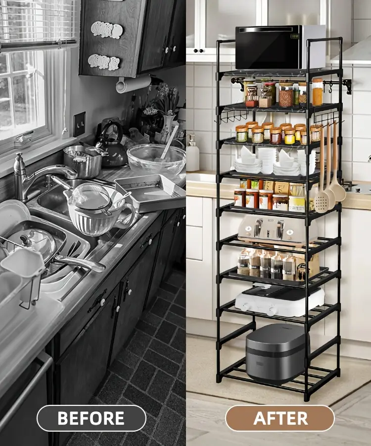     tiers adjustable kitchen shelves kitchen organizers and storage black metal storage shelf with hooks spice rack shoe rack pots and pans organizer home decor for kitchen pantry bathroom christmas halloween decorations details 2