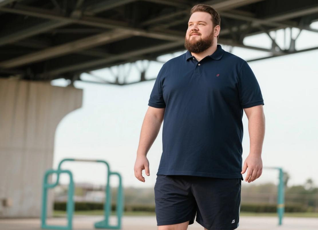A man wearing a relaxed fit polo short set