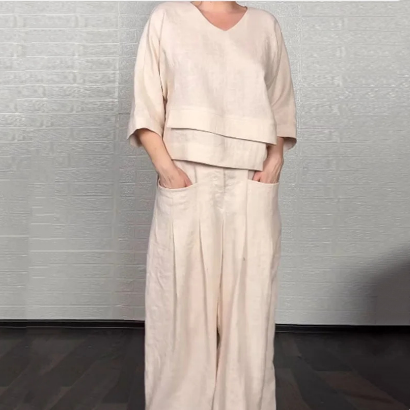 Two-piece set with irregular hem, short sleeves made of cotton and linen
