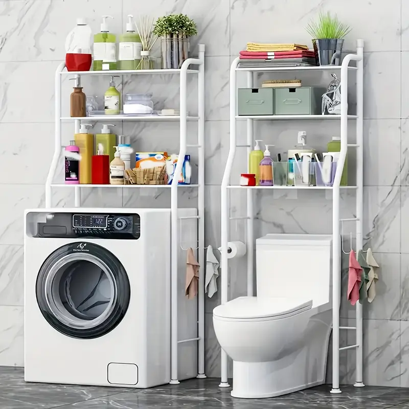 space saving 3 tier bathroom organizer with toilet rack washing machine stand black   mount   hanging rod for laundry and restroom storage details 0