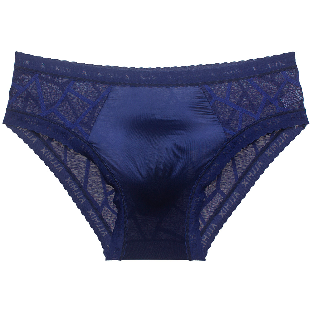 Men's Sexy Transparent Ice Silk Hollow Lace Thin U-convex Briefs