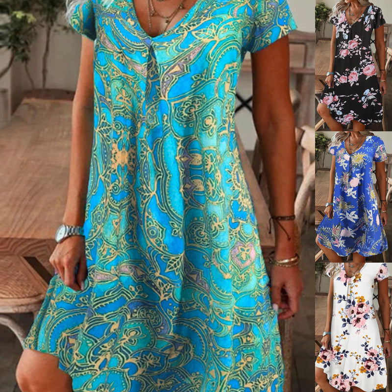 [S-5XL]🌺Women's Elegant Floral Print V-Neck Long Dress