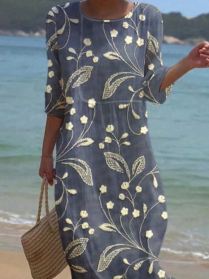 Women's Solid Round Neck Half Floral Cotton and Linen Dress