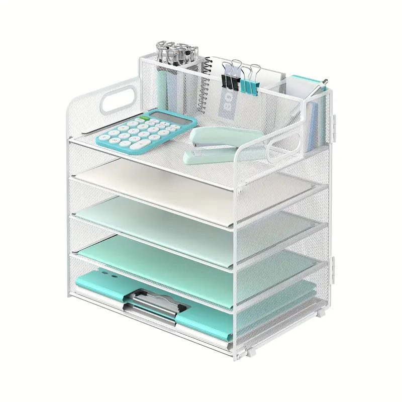 5 tier desk storage rack with handle   pen holders desk organizer with grid paper file sorter office supplies paper tray storage box details 6
