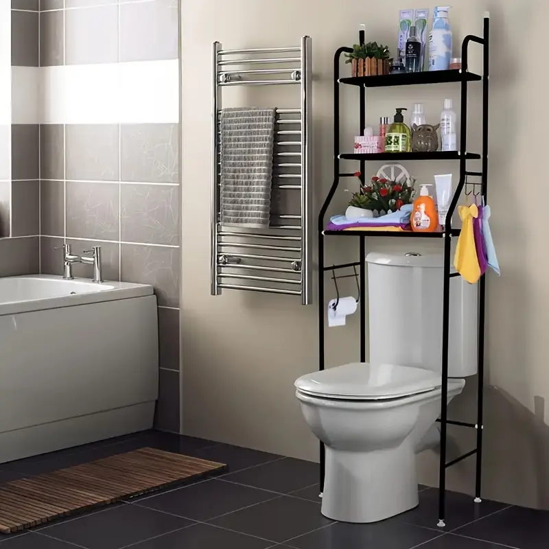 space saving 3 tier bathroom organizer with toilet rack washing machine stand black   mount   hanging rod for laundry and restroom storage details 8