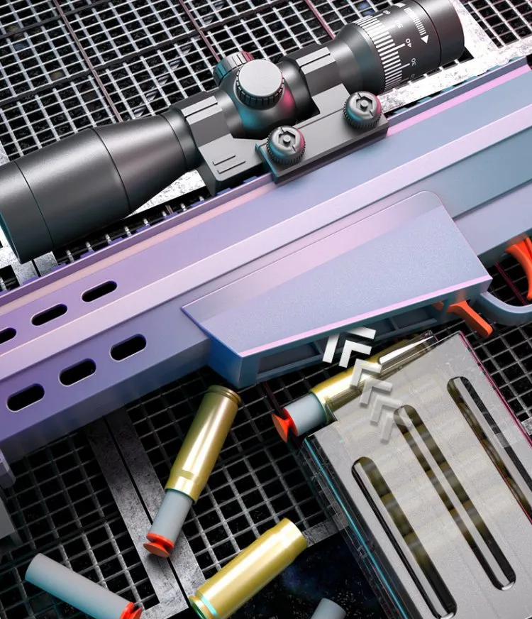 Close-up of a futuristic gradient-purple sniper-style gel blaster with mounted scope, transparent magazine, and shell-shaped gel cartridges scattered on a metal grid surface.