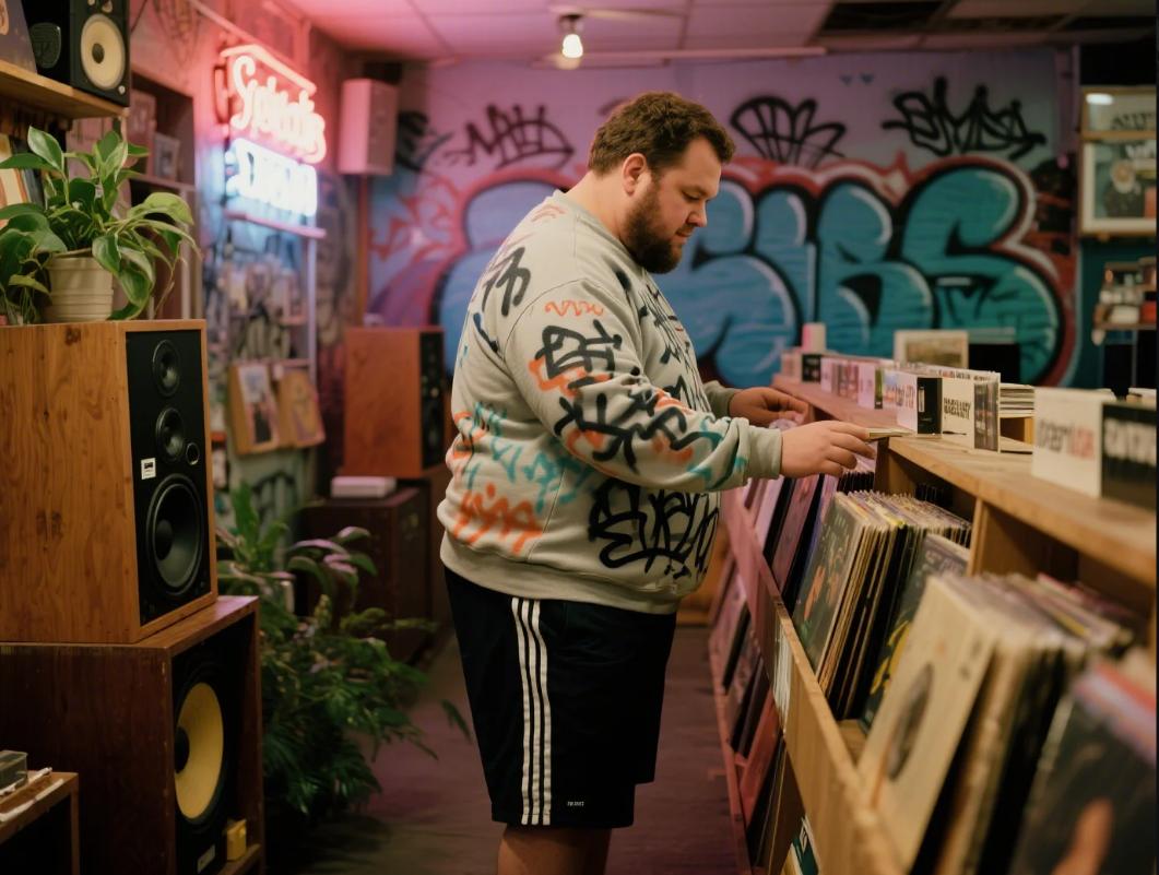 A big and tall man in a two-piece suit was looking at a record.