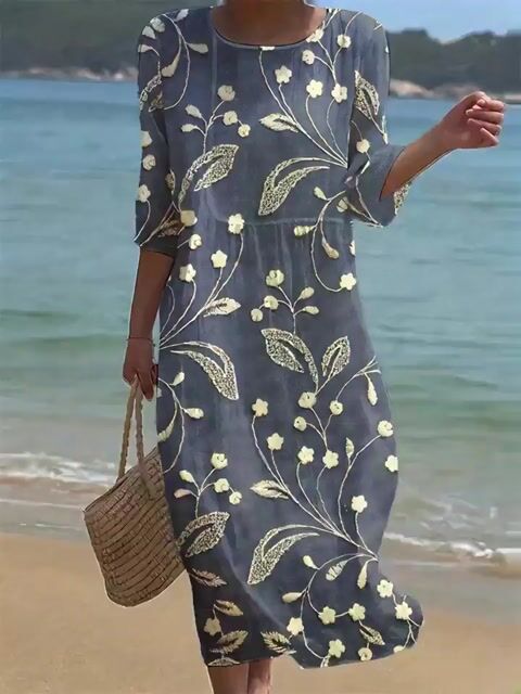 Women's Solid Round Neck Half Floral Cotton and Linen Dress