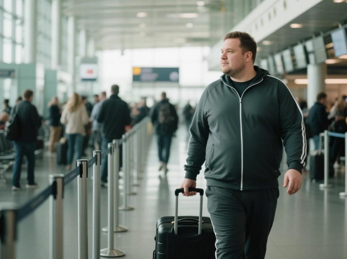 A man in the airports in his big and tall jogging suits