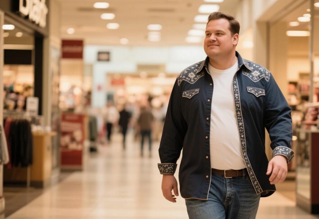 A big man wearing the western shirts untucked