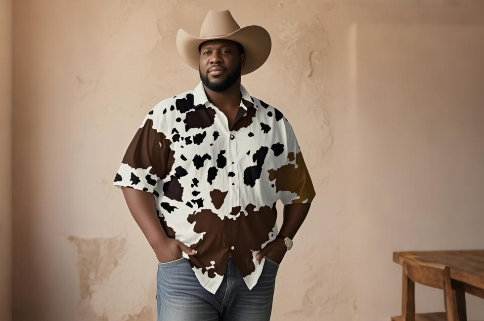 Cow-printed casual big men's Western shirts