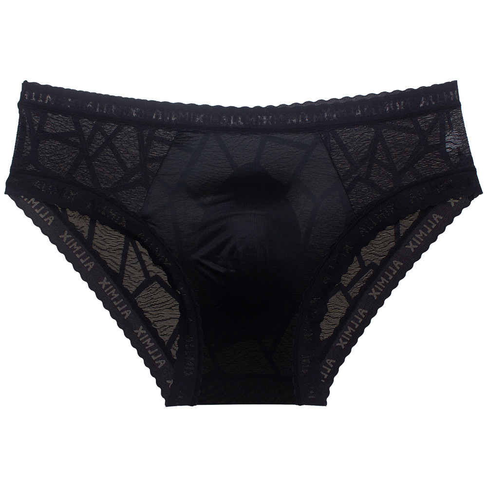 Men's Sexy Transparent Ice Silk Hollow Lace Thin U-convex Briefs