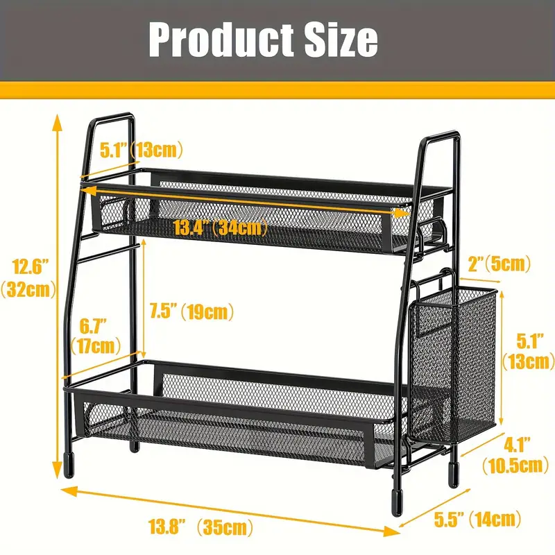 stainless steel kitchen countertop organizer with side basket metal spice rack storage shelf for cosmetics and accessories details 3