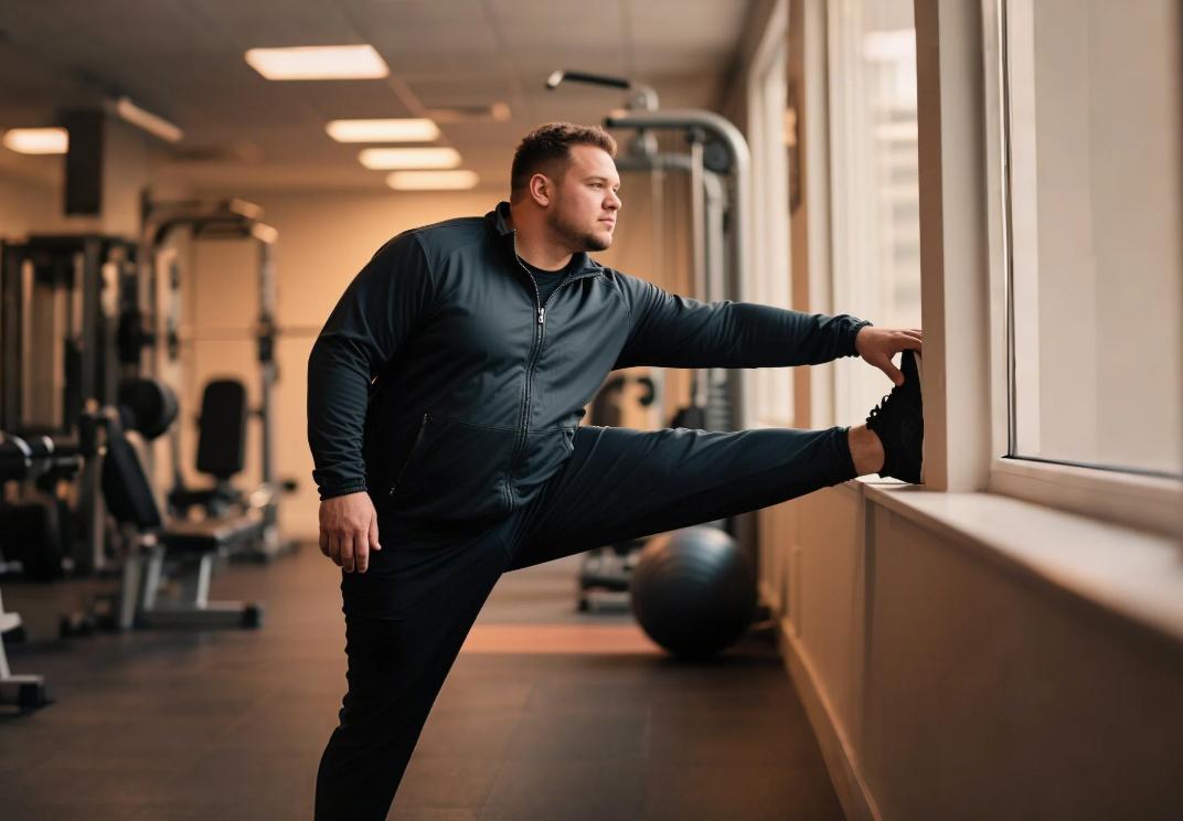 A big man in a big and tall jogging suit stretching after exercise.