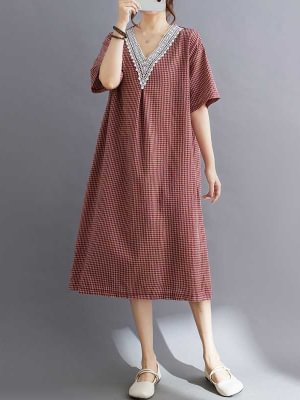 Image of Split-Joint Pleated Plaid Loose Half Sleeves V-Neck Midi Dresses