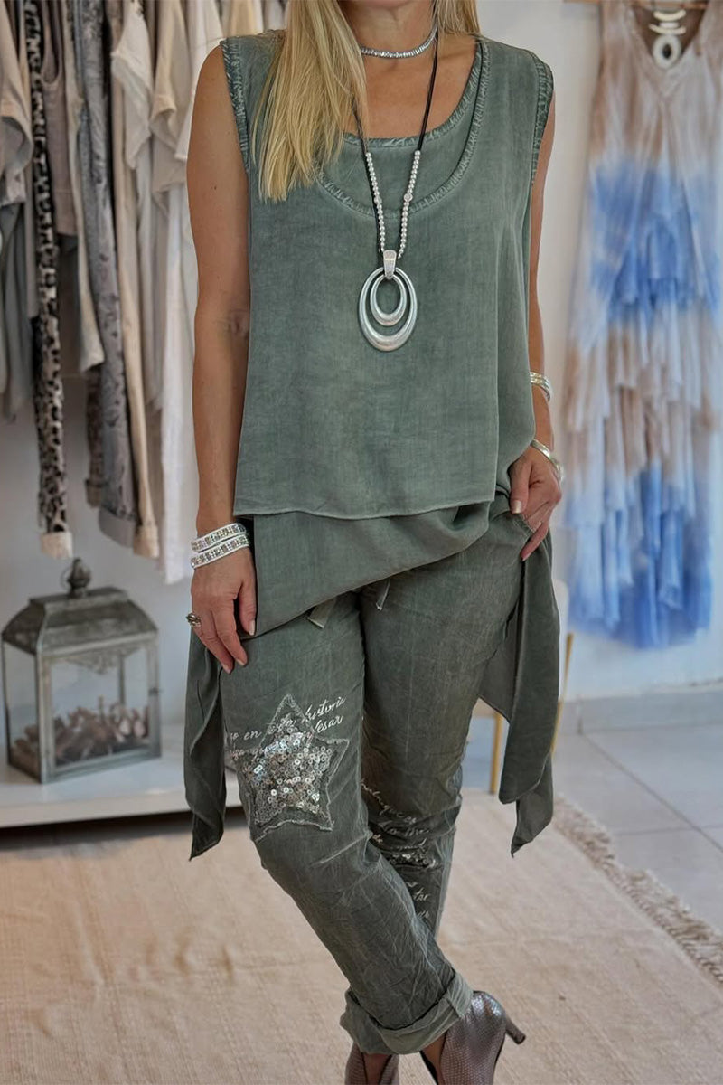 Women's Casual Solid Color Round Neck Sleeveless Irregular Double Bottom Fitted Printed Trousers