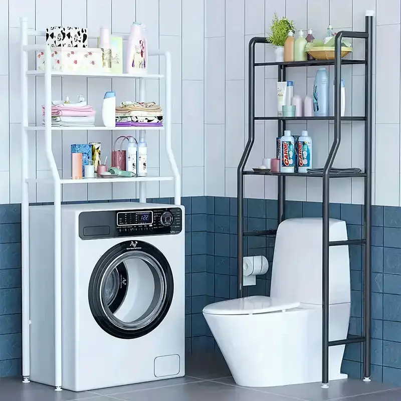 space saving 3 tier bathroom organizer with toilet rack washing machine stand black   mount   hanging rod for laundry and restroom storage details 2