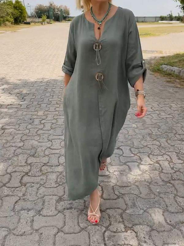 🎁👗Cotton and linen dress with a V-neck
