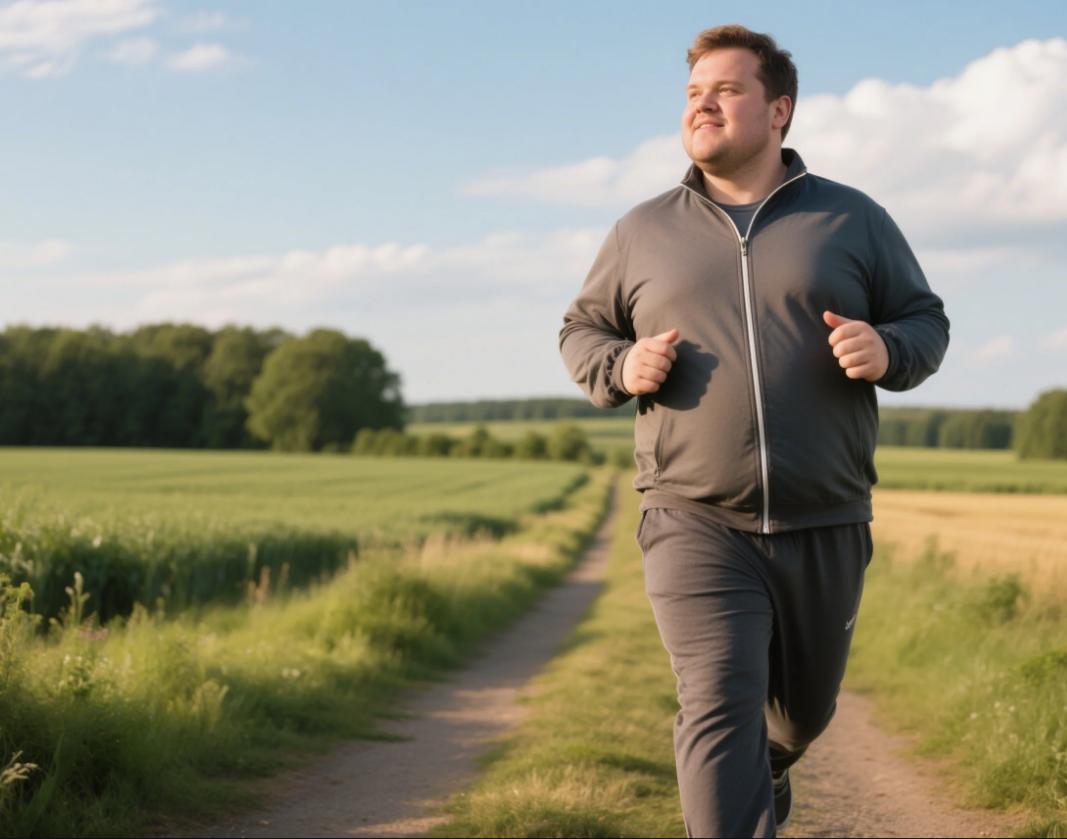 A fat guy was jogging in men's big and tall jogging suits.