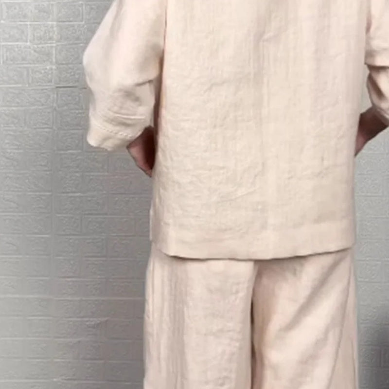 Two-piece set with irregular hem, short sleeves made of cotton and linen