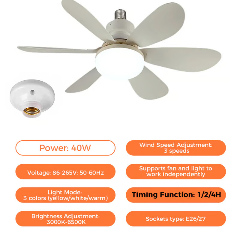 2-in-1 LED Ceiling Fan Light with Remote Control, E27E26/B22 Base