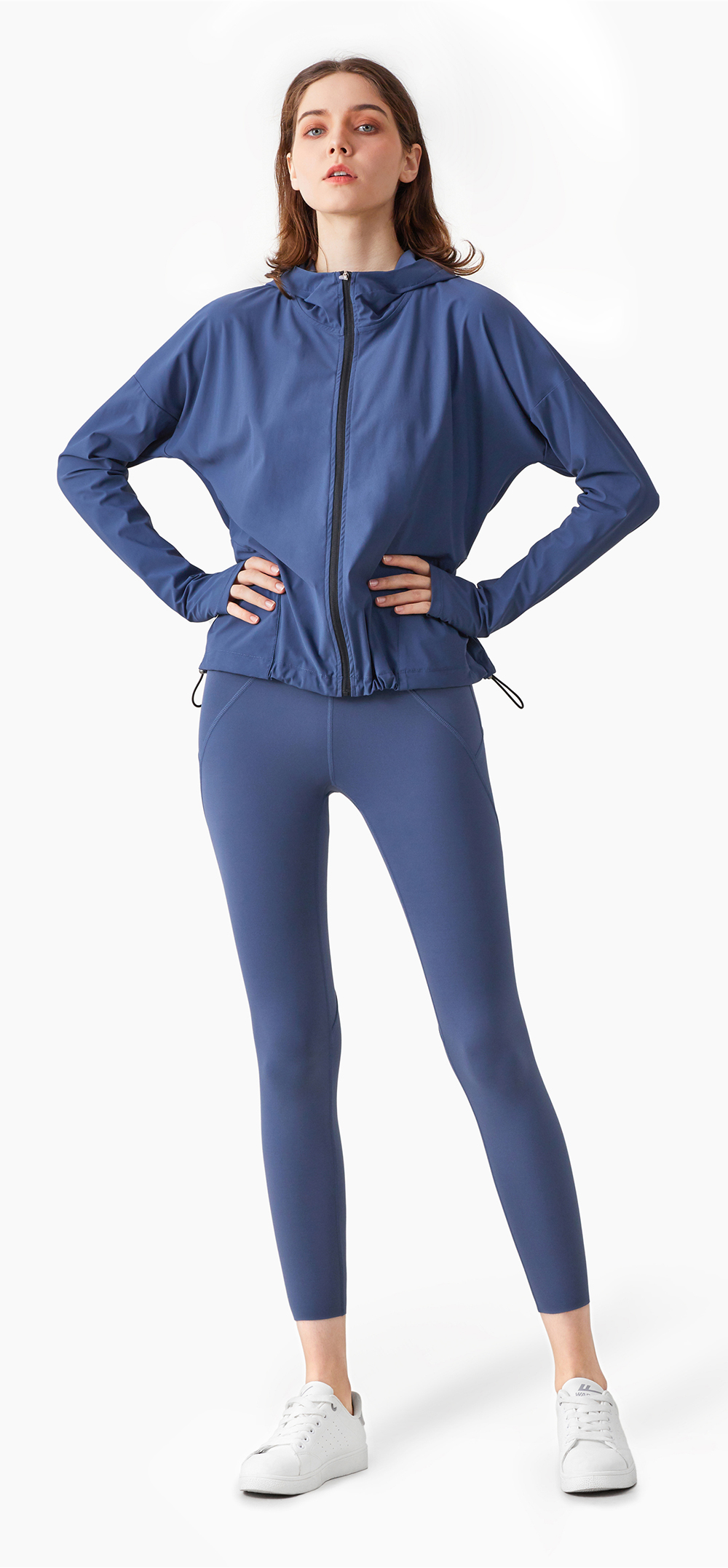 Hergymclothing zip up exercise jacket blue and yoga leggings blue