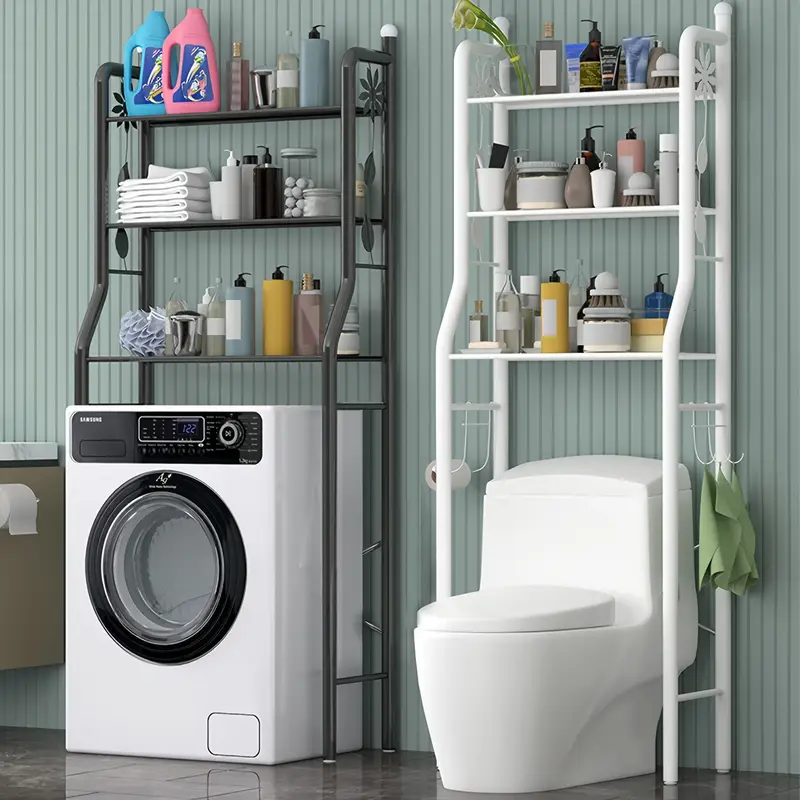 space saving 3 tier bathroom organizer with toilet rack washing machine stand black   mount   hanging rod for laundry and restroom storage details 9