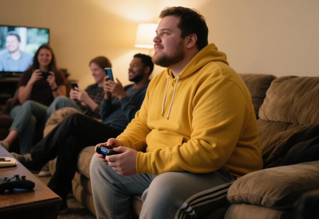 A big and tall man playing games in men's jogging suits