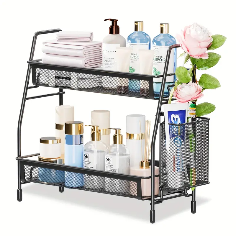stainless steel kitchen countertop organizer with side basket metal spice rack storage shelf for cosmetics and accessories details 2