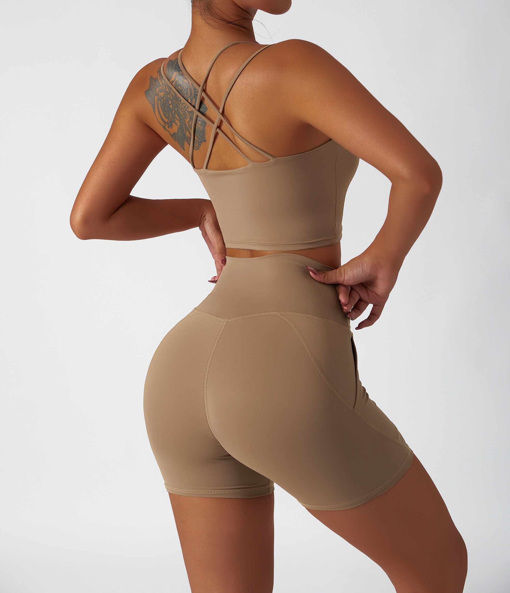 Hergymclothing brown sports bra and sports shorts set online shopping